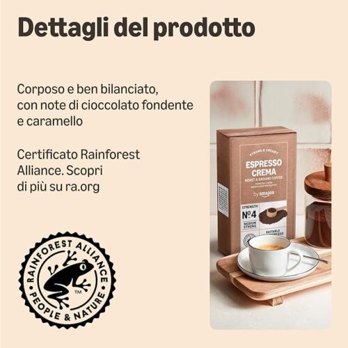 Amazon Espresso Crema Caffè macinato, Tostatura media, 500 g - 250 g (Confezione da 2) - Certificato Rainforest Alliance