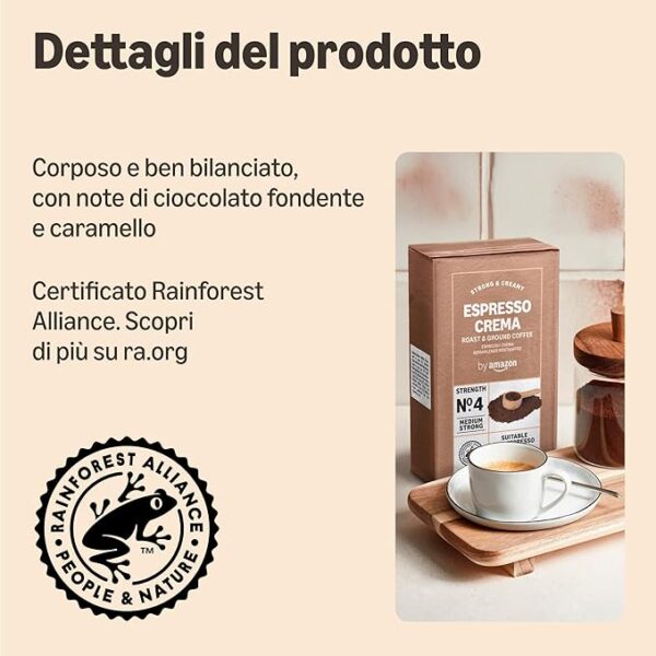 Amazon Espresso Crema Caffè macinato, Tostatura media, 500 g - 250 g (Confezione da 2) - Certificato Rainforest Alliance