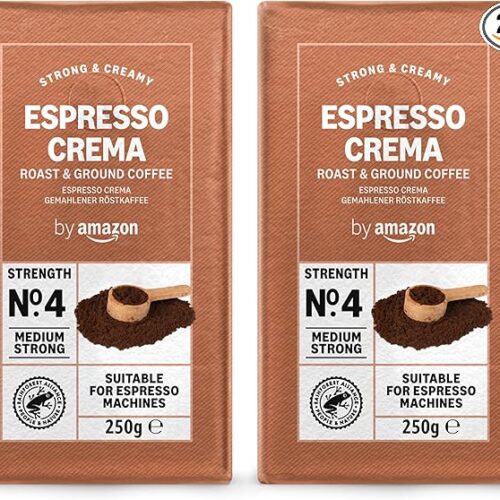 Amazon Espresso Crema Caffè macinato, Tostatura media, 500 g - 250 g (Confezione da 2) - Certificato Rainforest Alliance